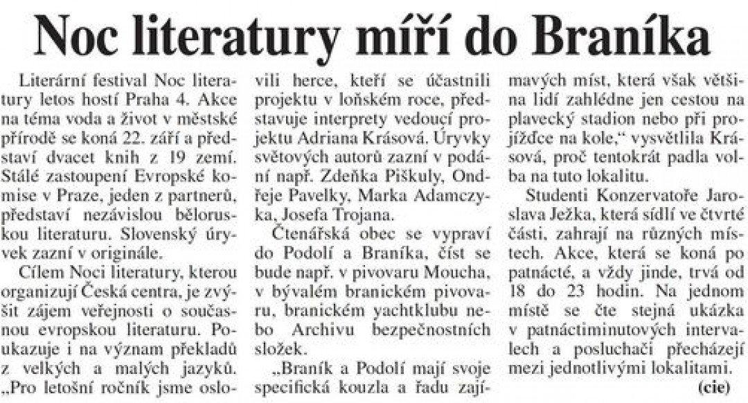 Noc literatury míří do Braníka