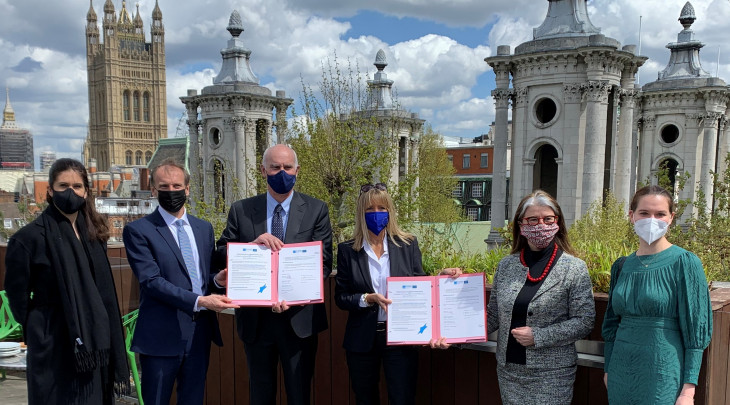 From the left: Katrin Sohn, EUNIC Presidency and Goethe Institute, Premysl Pela, EUNIC Presidency and Director of the Czech Centre, H.E. Ambassador João Vale de Almeida, Katharina von Ruckteschell-Katte, Director of Goethe Institute, 'Waltraud Dennhardt-Herzog, Director of the ACF, Claudia Ott, EUNIC Presidency and ACF.